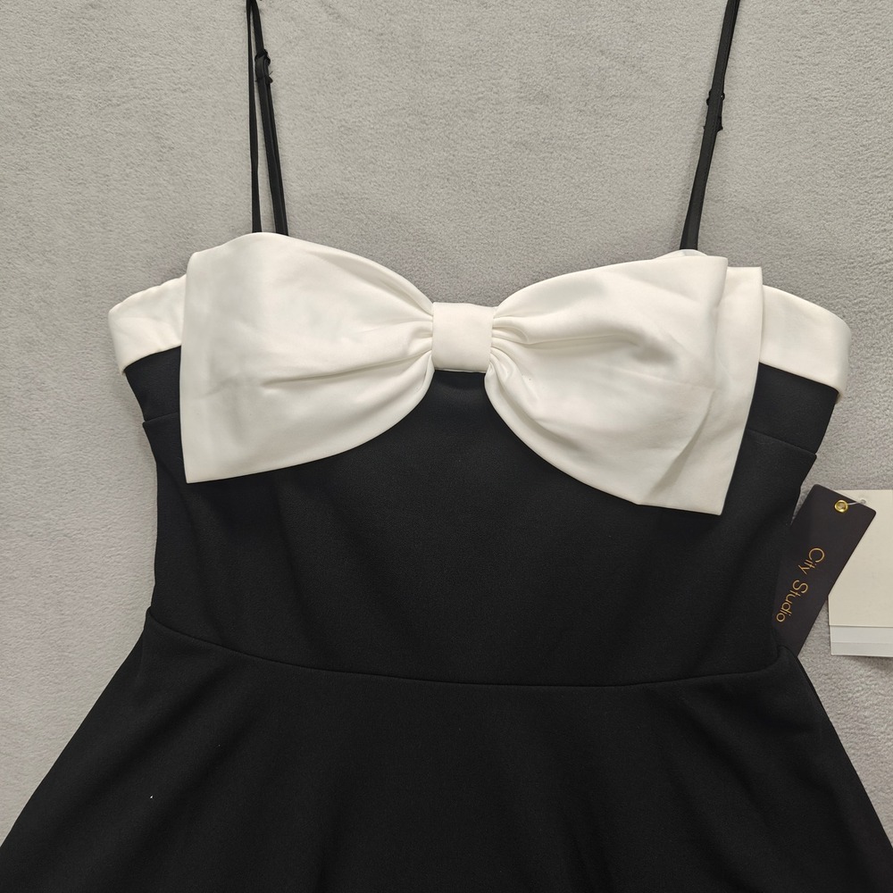 Black White Bow Babydoll Mini Dress 11/12 Event NYE Glam Cocktail LBD Statement - Picture 2 of 11